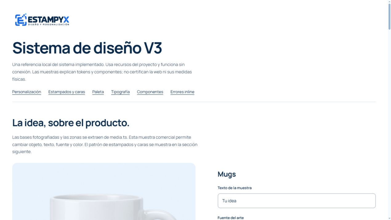 Captura completa del sistema de diseño V3 de Estampyx